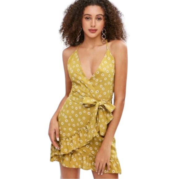 NWT Yellow Gold Floral Tweed Ruffle Surplice Waist Tie Belted Mini Dress - Picture 6 of 9